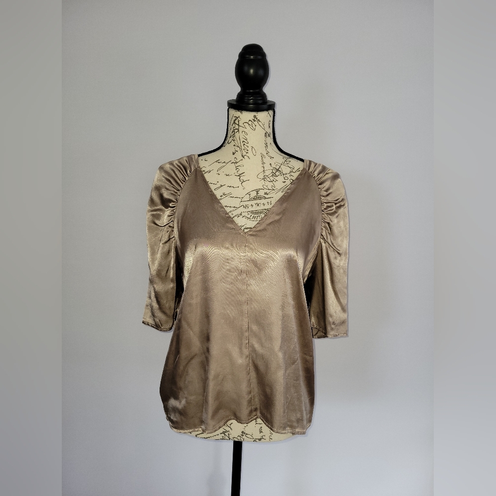 Nation LTD Satin V-Neck Ruched Sleeve Top - Taupe